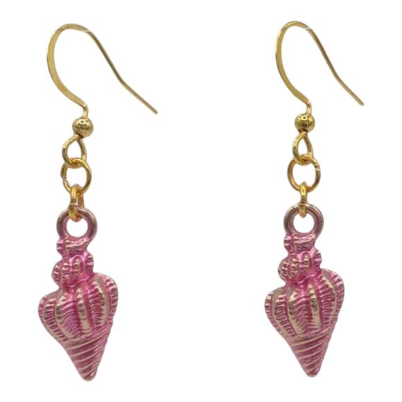 Pink Spiral Shell Earrings Beach Jewelry Ocean Theme Dangle Earrings Seashell - Picture 1 of 4